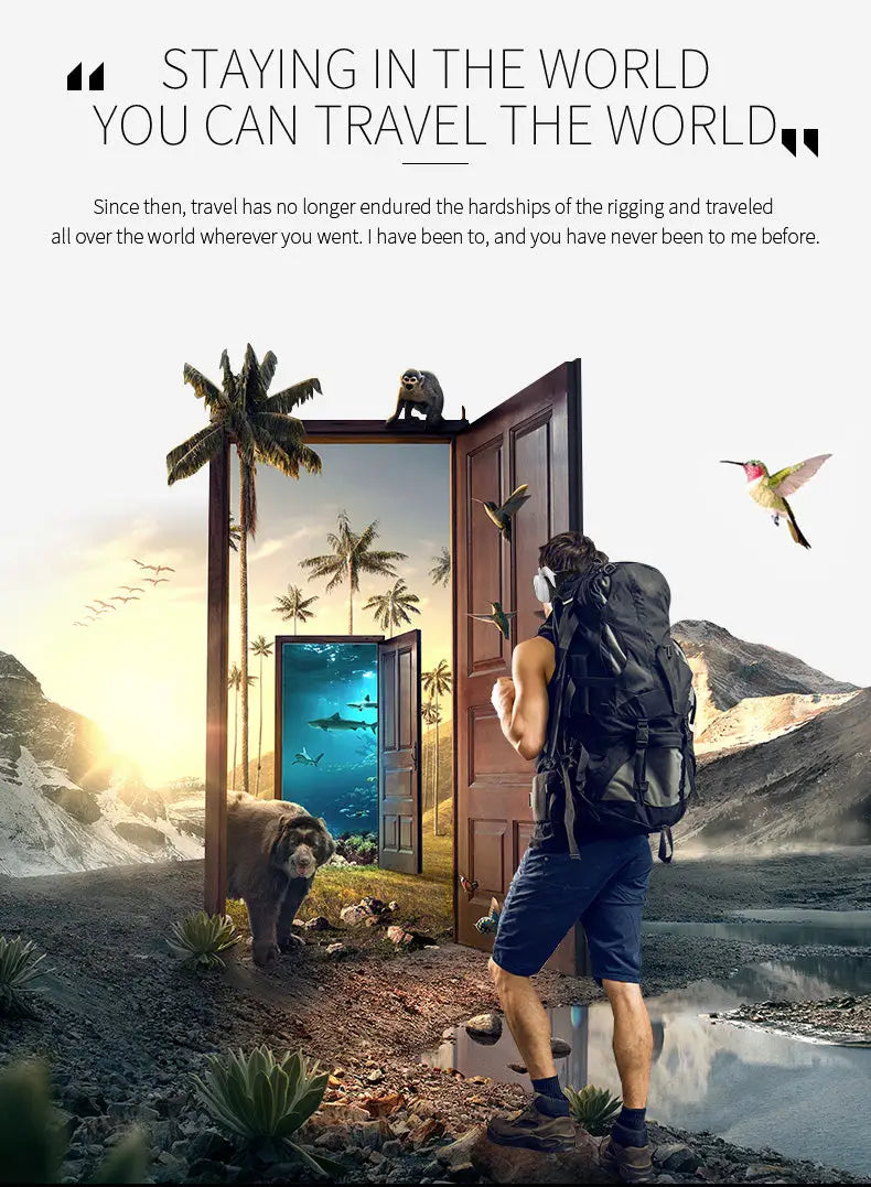 Surreal travel scene with backpacker before magical doorway for Dragon Magic G6 VR headset