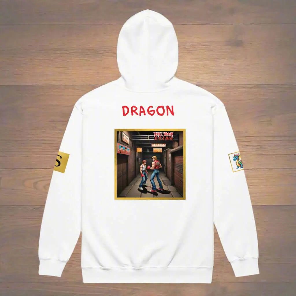 White hoodie with graphic print of two men in an alley and DRAGON text, unisex heavy blend