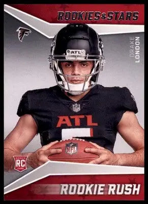Football trading card featuring Drake London 2022 Panini Rookies Falcons Rookie Rush