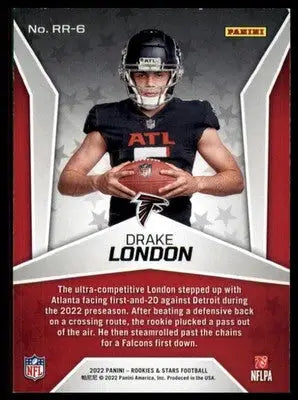 Drake London football card from Panini Rookies 2022 Panini Rookies Falcons Rookie Rush