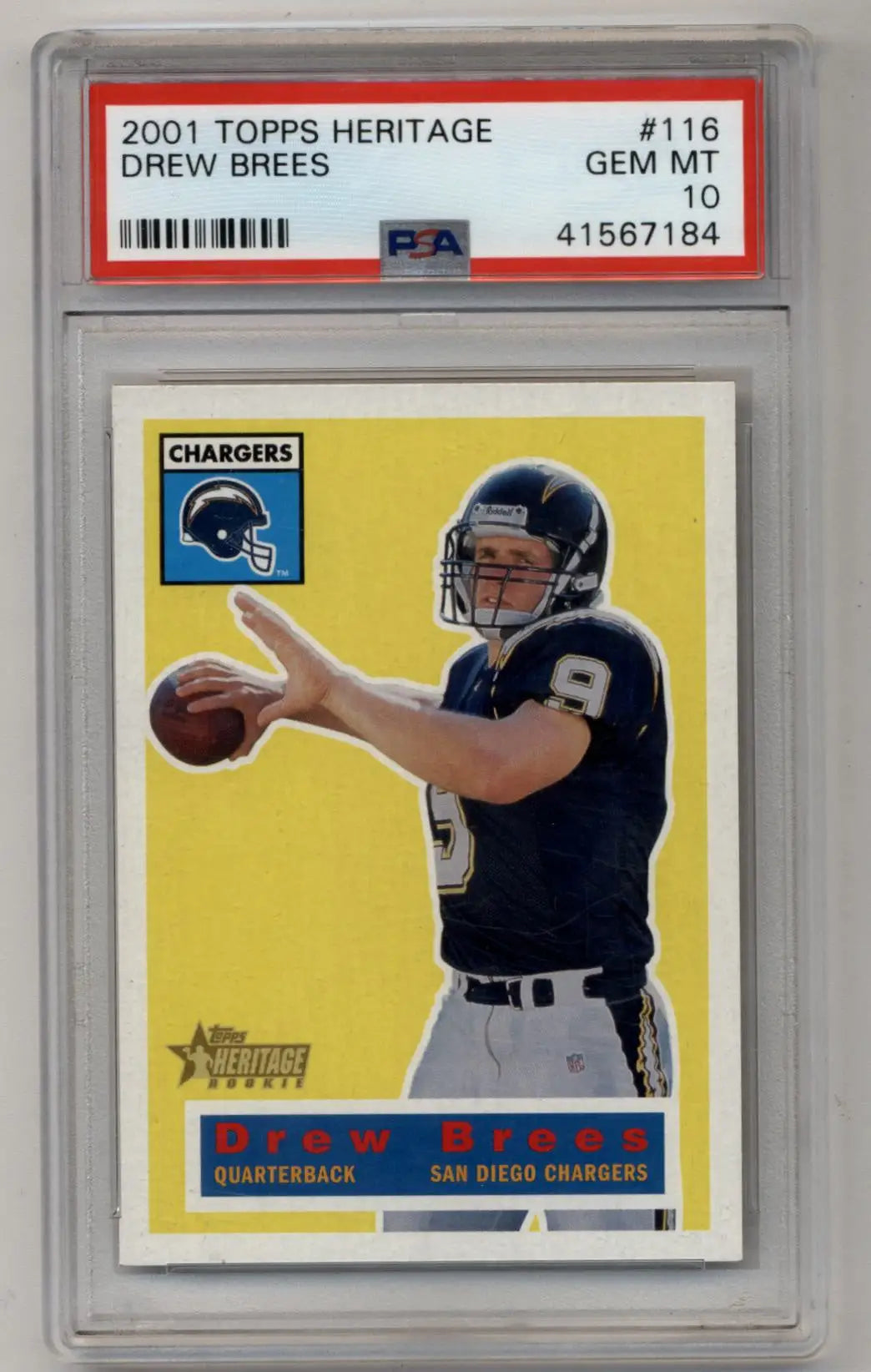 PSA-graded Drew Brees 2001 Topps Heritage trading card Gem Mint 10 display