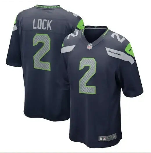 Dark blue Seattle Seahawks Drew Lock Nike Game Jersey with lime green accents and number 2