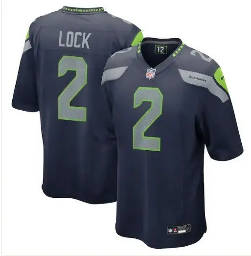 Dark blue Seattle Seahawks Drew Lock NFL jersey with lime green and grey accents
