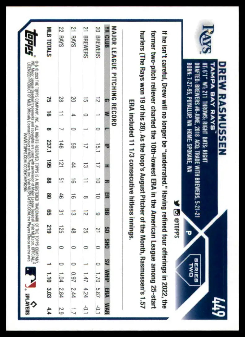 Drew Rasmussen baseball card from 2023 Topps #449 Tampa Bay Rays collection