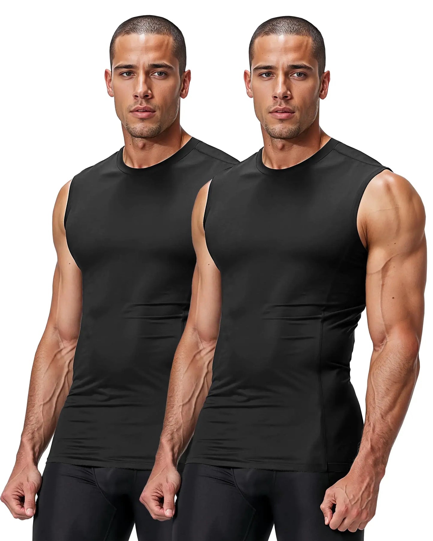 Two men wearing black mens compression shirts sleeveless tank tops for athletic workouts