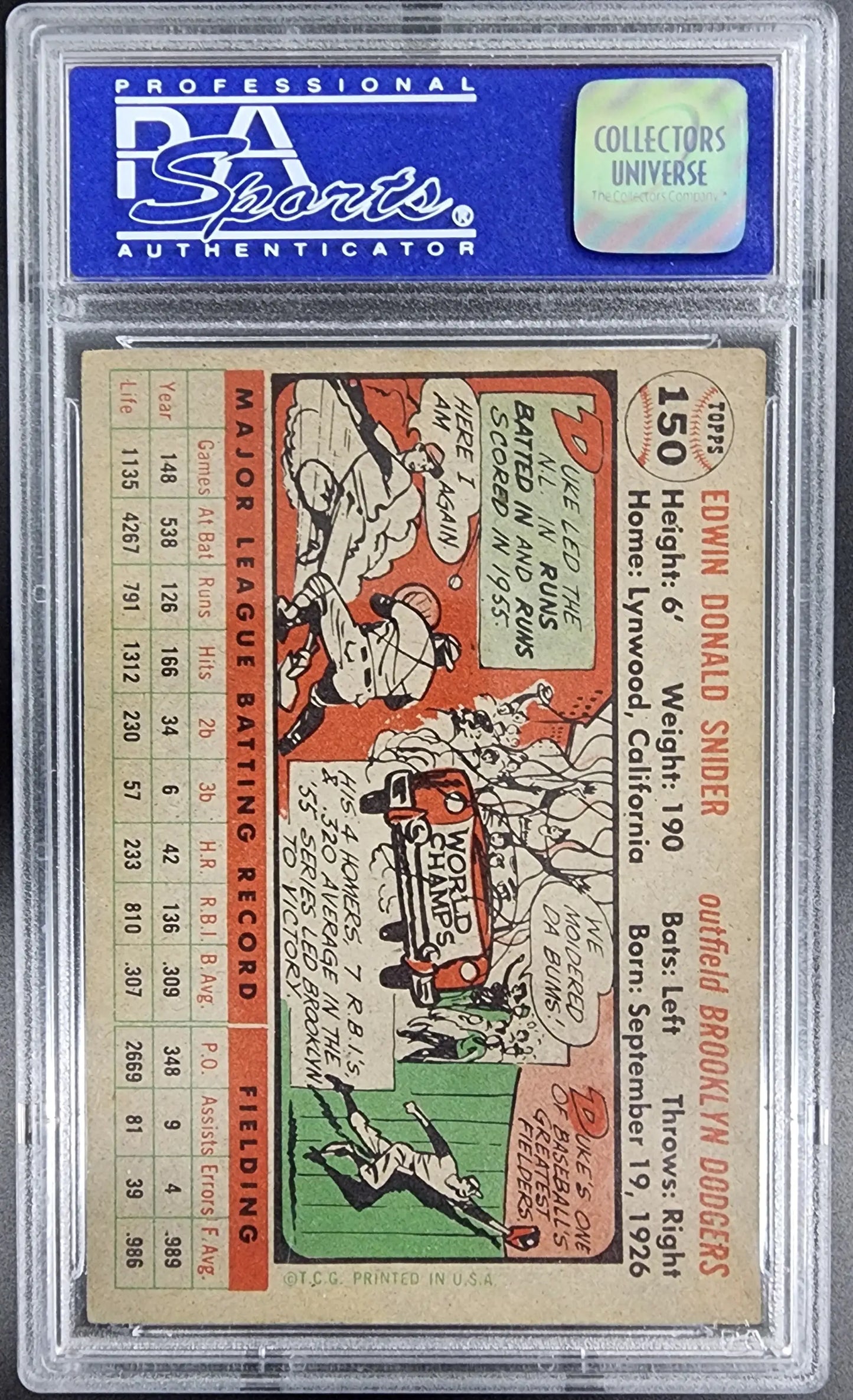 Graded Edwin Donald Snider baseball card from Duke Snider 1956 Topps set PSA 6