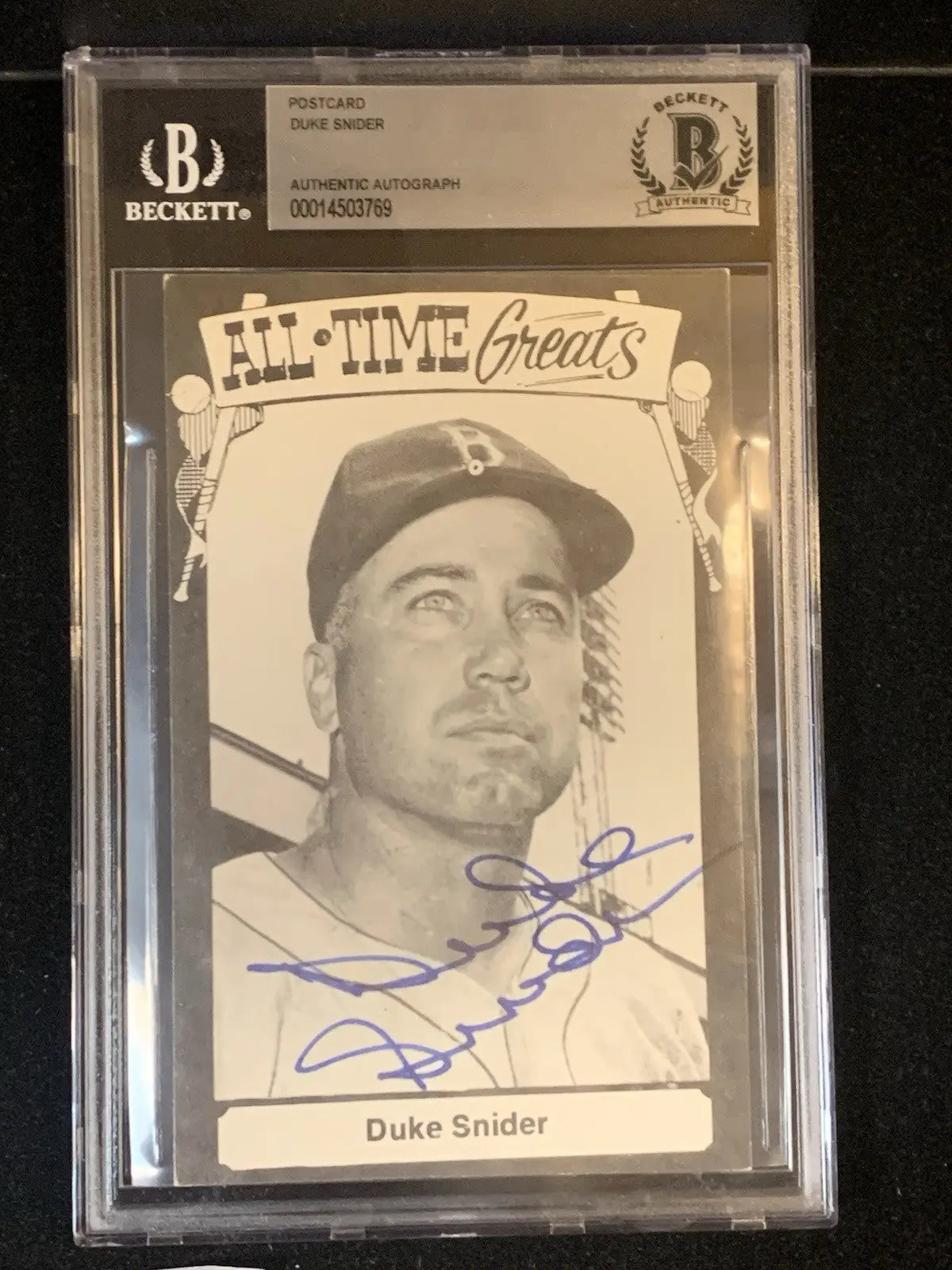 Graded Duke Snider autographed post card from TCMA Baseball’s All Time Greats collection