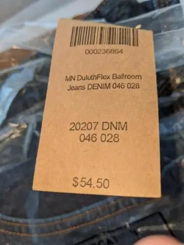Duluth Trading DulthFlex Ballroom Jeans price tag showcasing denim style and quality