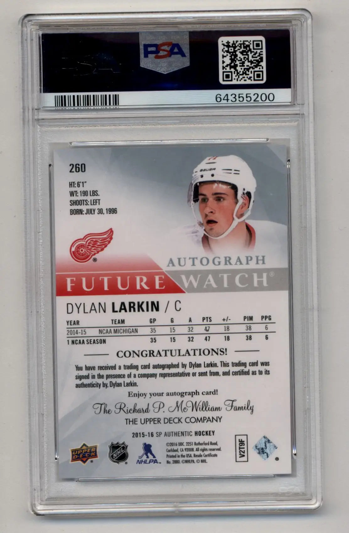 Dylan Larkin 2015-16 SP Authentic Auto Inscribed 038/999 PSA 9 Mint - Singles