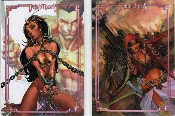 Two card promotional set featuring fantasy art of scantily clad female warriors