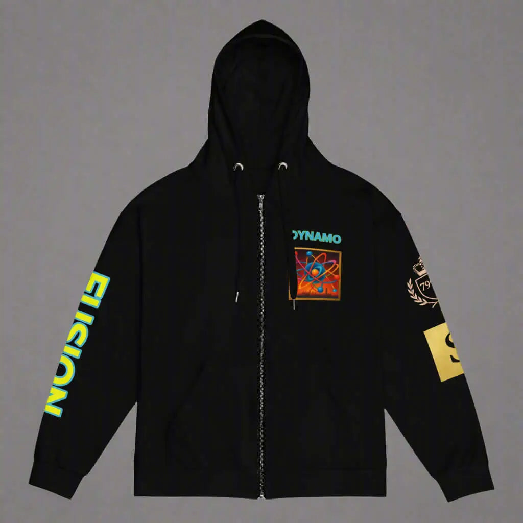Black Dynamo zip-up hoodie with colorful graphics, perfect for stylish comfort and product safety