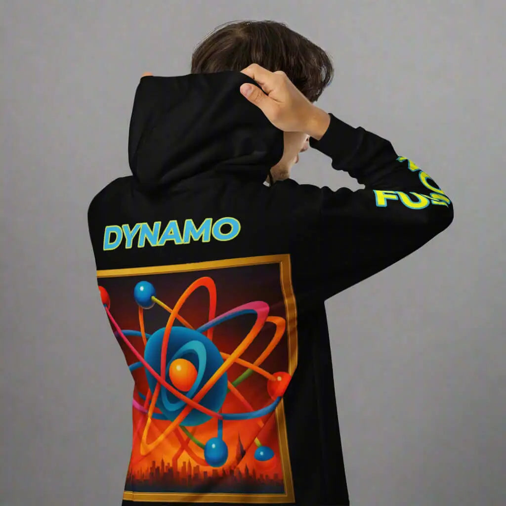 Black Dynamo Unisex Zip Hoodie with Colorful Atom Design and Product Safety Features