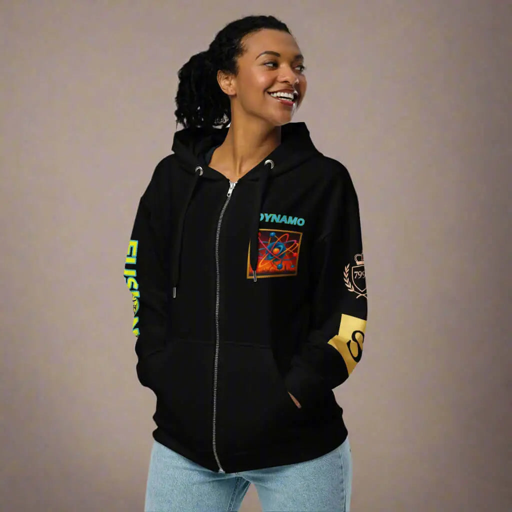 Black Dynamo unisex zip hoodie with colorful graphics, perfect for stylish comfort and product safety