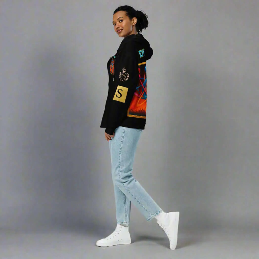 Black graphic hoodie with light wash jeans and white high-top sneakers, ideal for product safety