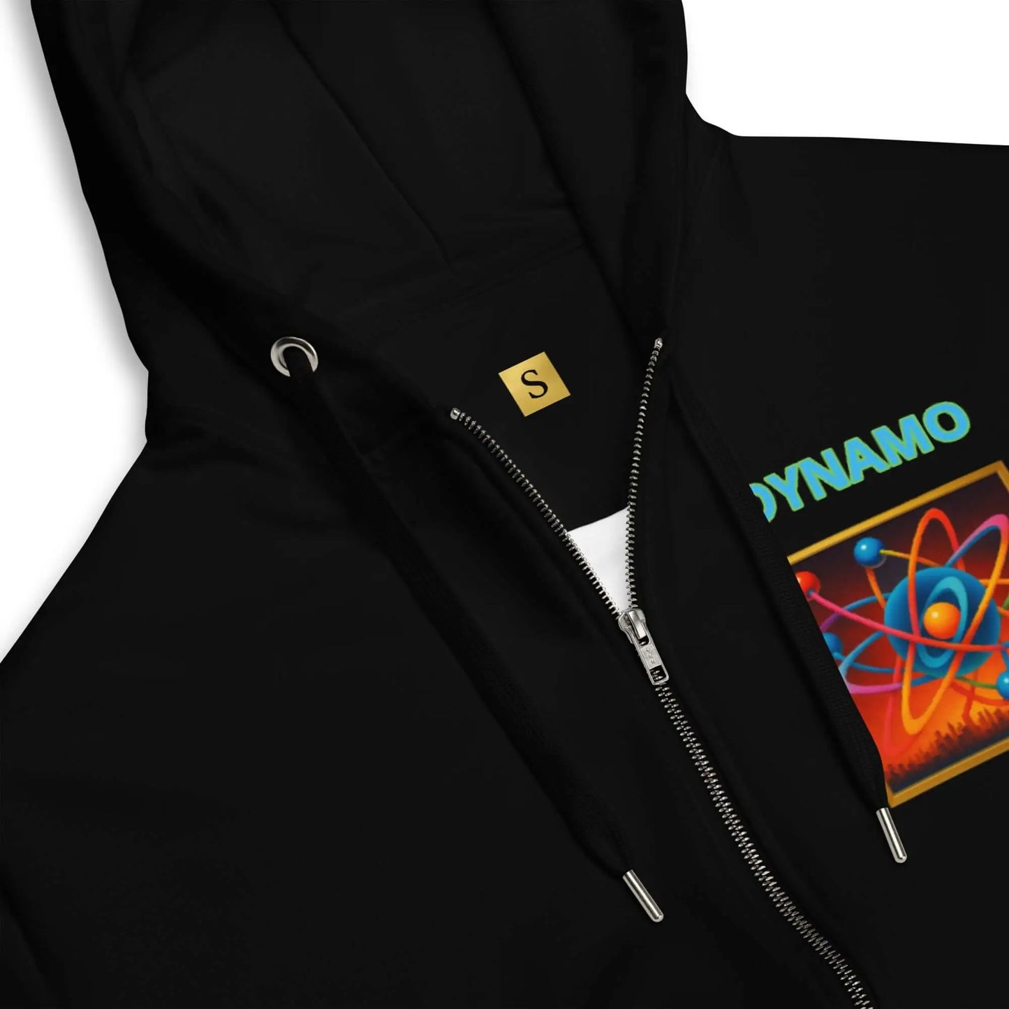 Black hooded zip sweatshirt with colorful graphic design for stylish comfort and safety