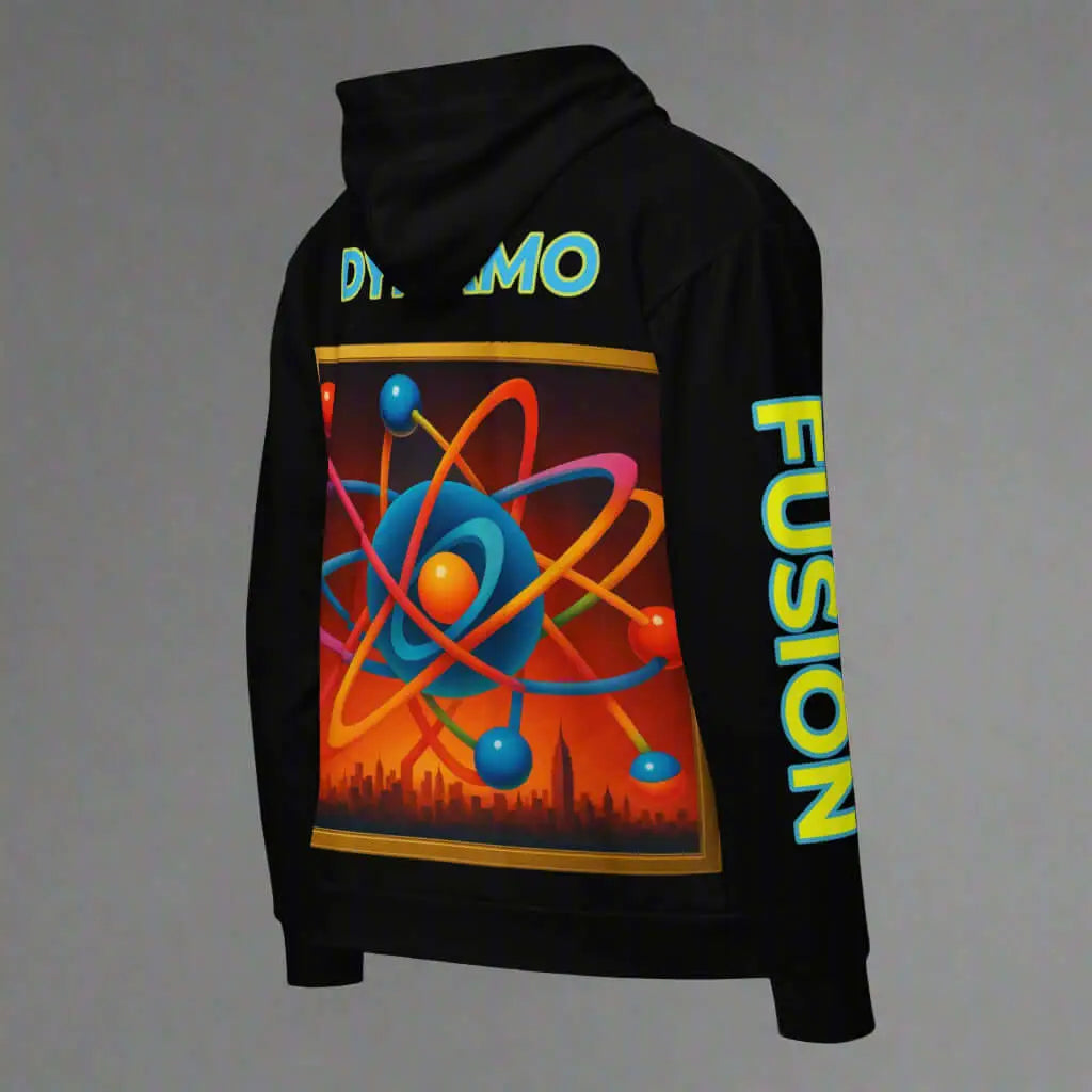 Black Unisex Zip Hoodie with Colorful Atom Design and FUSION Text for Product Safety