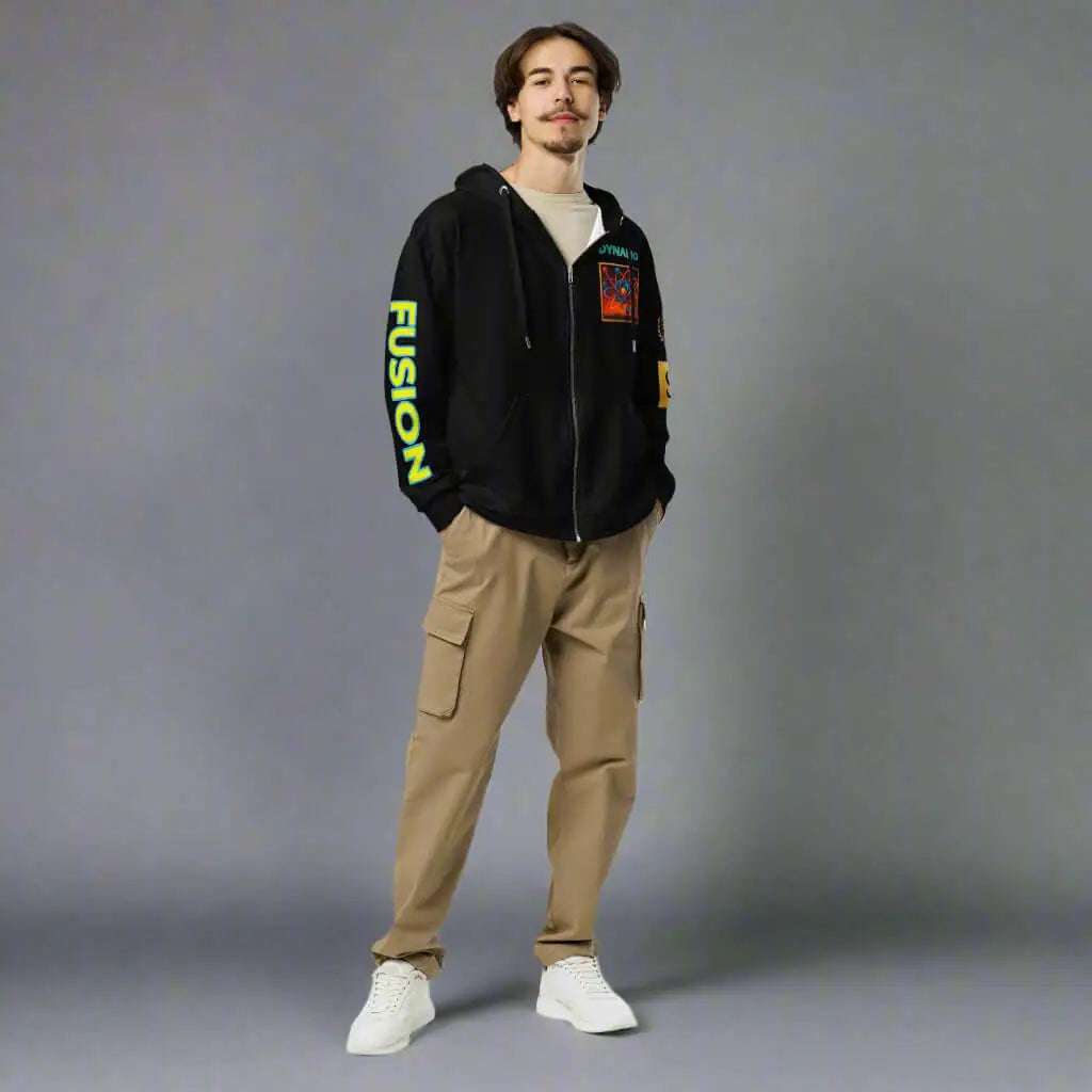 Men’s black zip-up hoodie with graphic print and text on sleeves, paired with tan cargo pants and white sneakers, emphasizing product safety