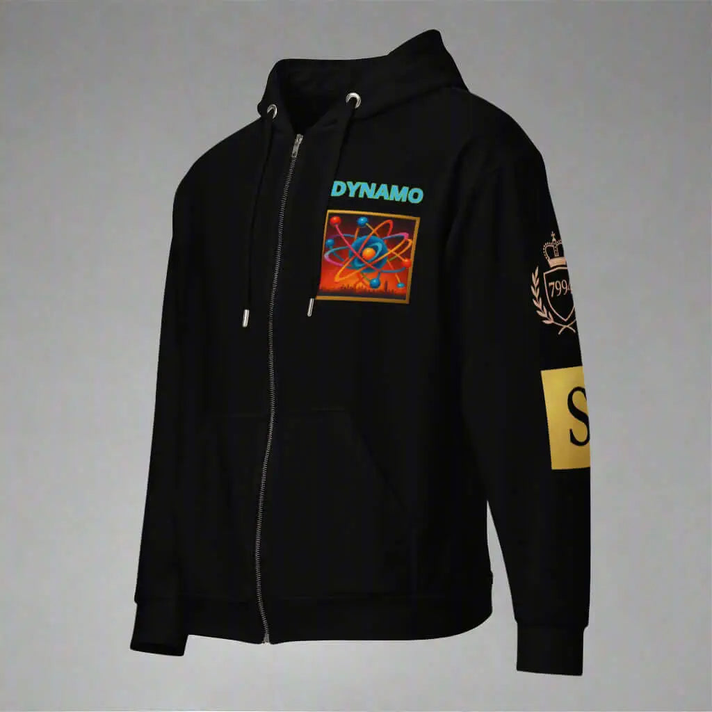 Black DYNAMO zip-up hoodie with colorful atom graphic and sleeve embellishments, stylish and safe