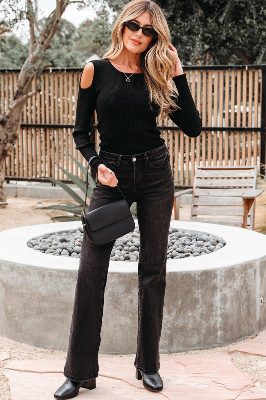 Threaded Pair's Ribbed Knit Cold Shoulder Sweater