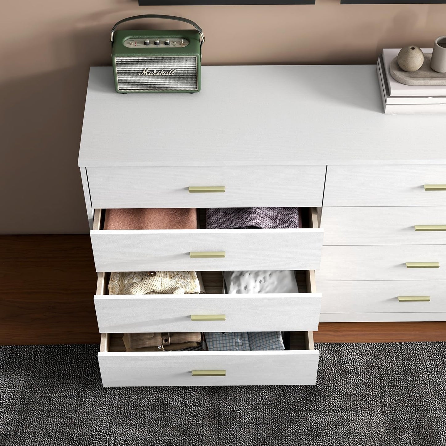 8 Drawer Wood Lateral Dresser, Big Wide Chest of Drawers Storage Organizer with Metal Gold Handles Home Bedroom (White)-4
