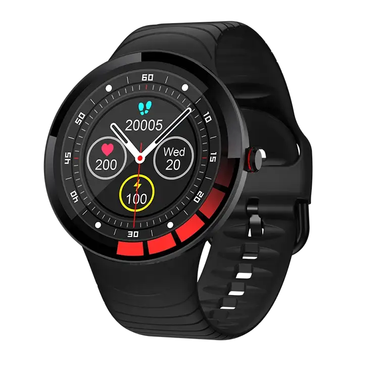 Black E3 BT Bracelet Health Monitoring Waterproof Smartwatch with round face and red accent