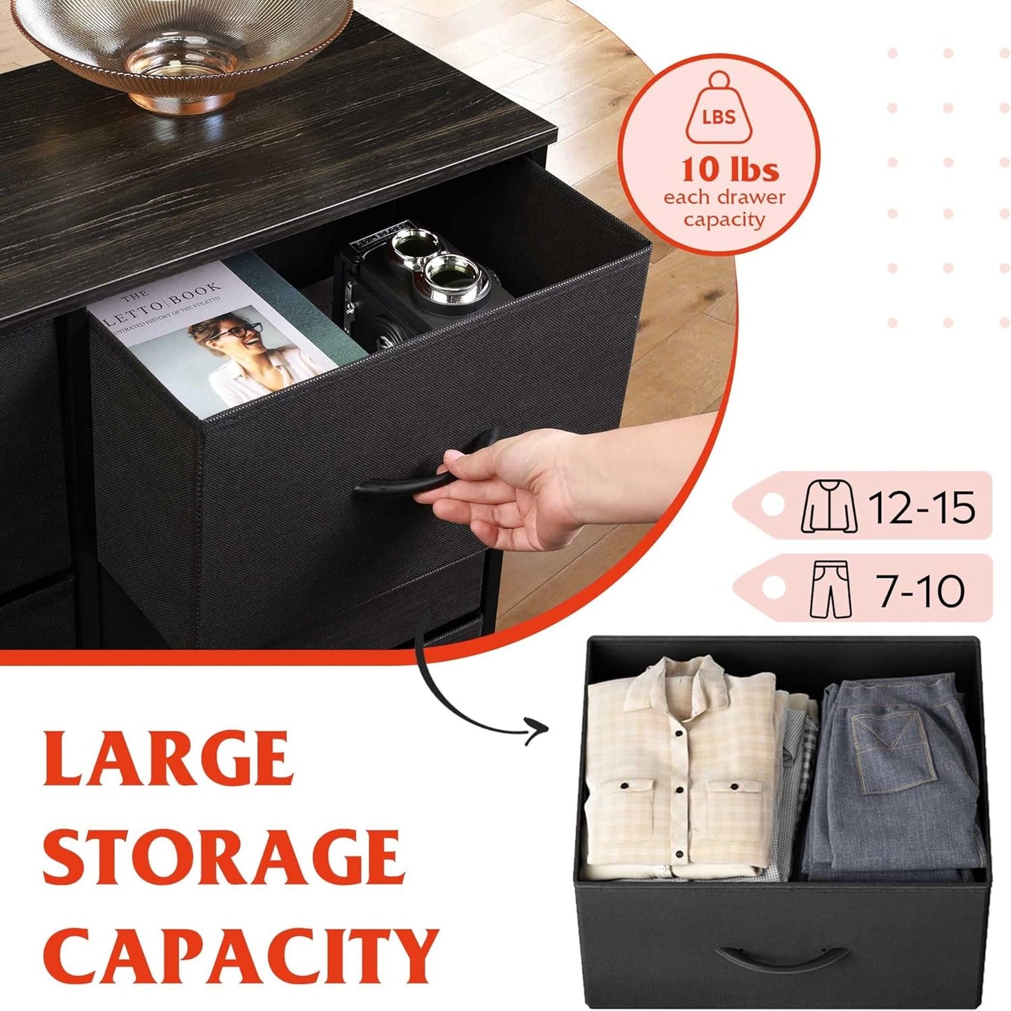 Tall Black Dresser for Bedroom with 10 Drawers, Chest of Drawers, Dressers Bedroom Furniture, Storage Organizer Unit with Fabric Bins for Closet, Hallway, Living Room, Entryway-4