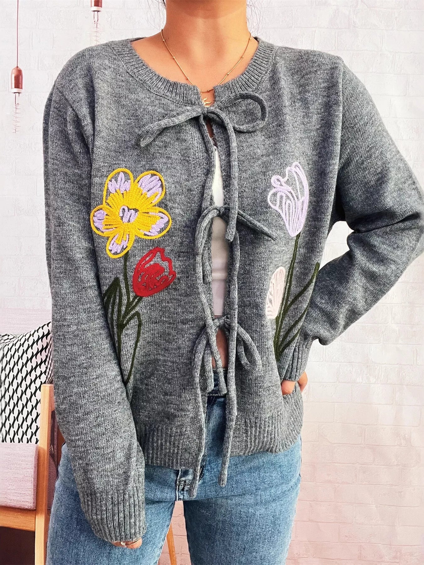 Floral Ribbed Hem Tie Front Cardigan