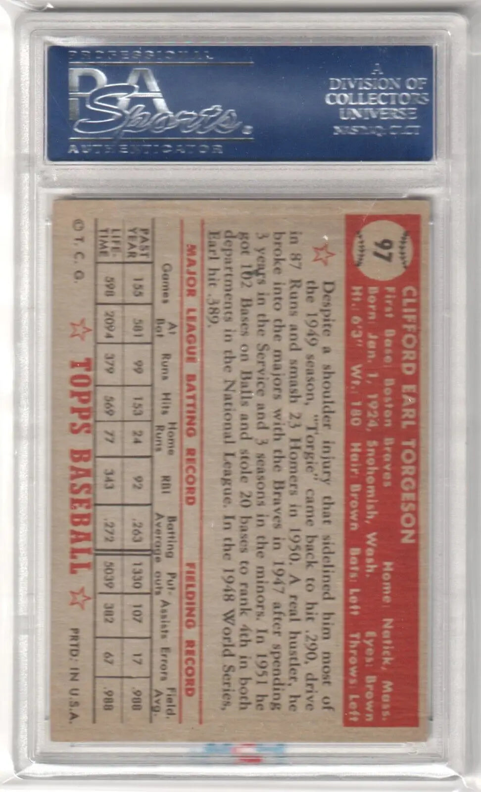 Graded Earl Torgeson baseball card from 1952 Topps PSA 6 EX-MT by Columbia Hobby
