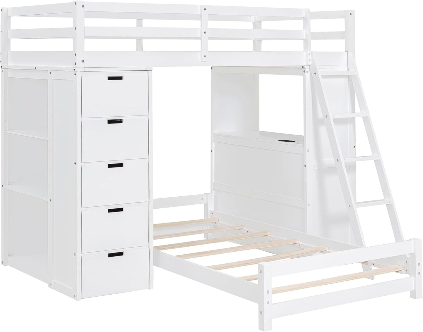 Modern Twin Wood Bunk Bed with LED Light and USB Ports, Storage Bunk Bed with Desk, Ladder for Bedroom, Dorm,Appartment Space-Saving White-4