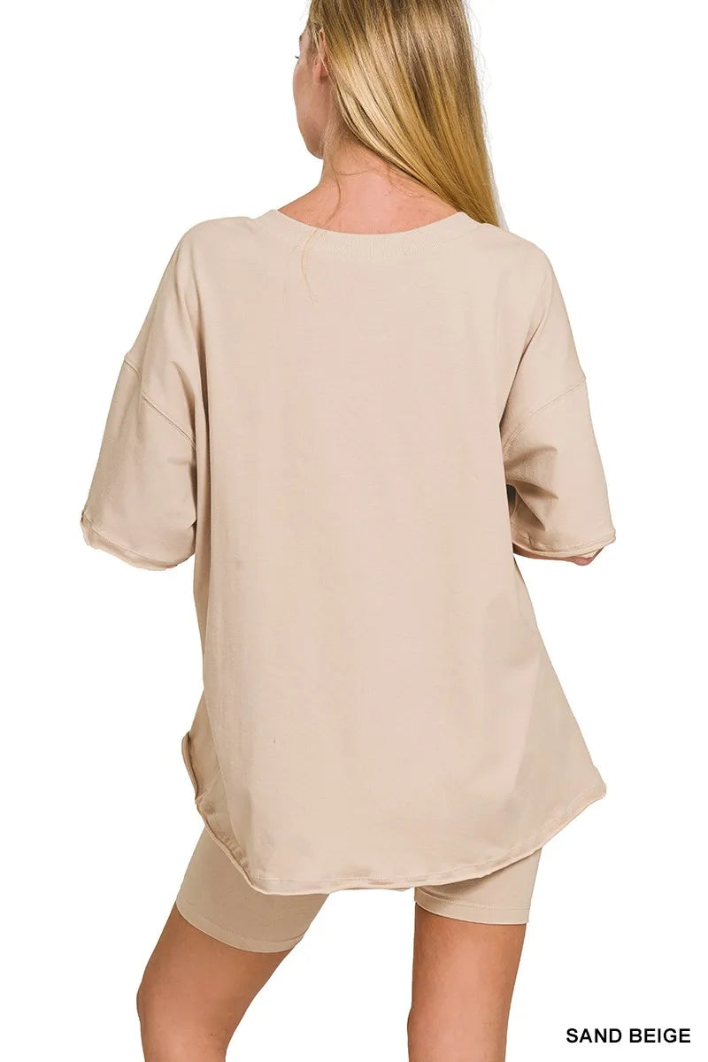 Zenana Cotton V-neck Top & Biker Shorts Set