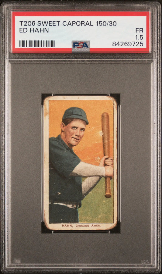 PSA-graded T206 Sweet Caporal baseball card of Ed Hahn, Detroit player with bat