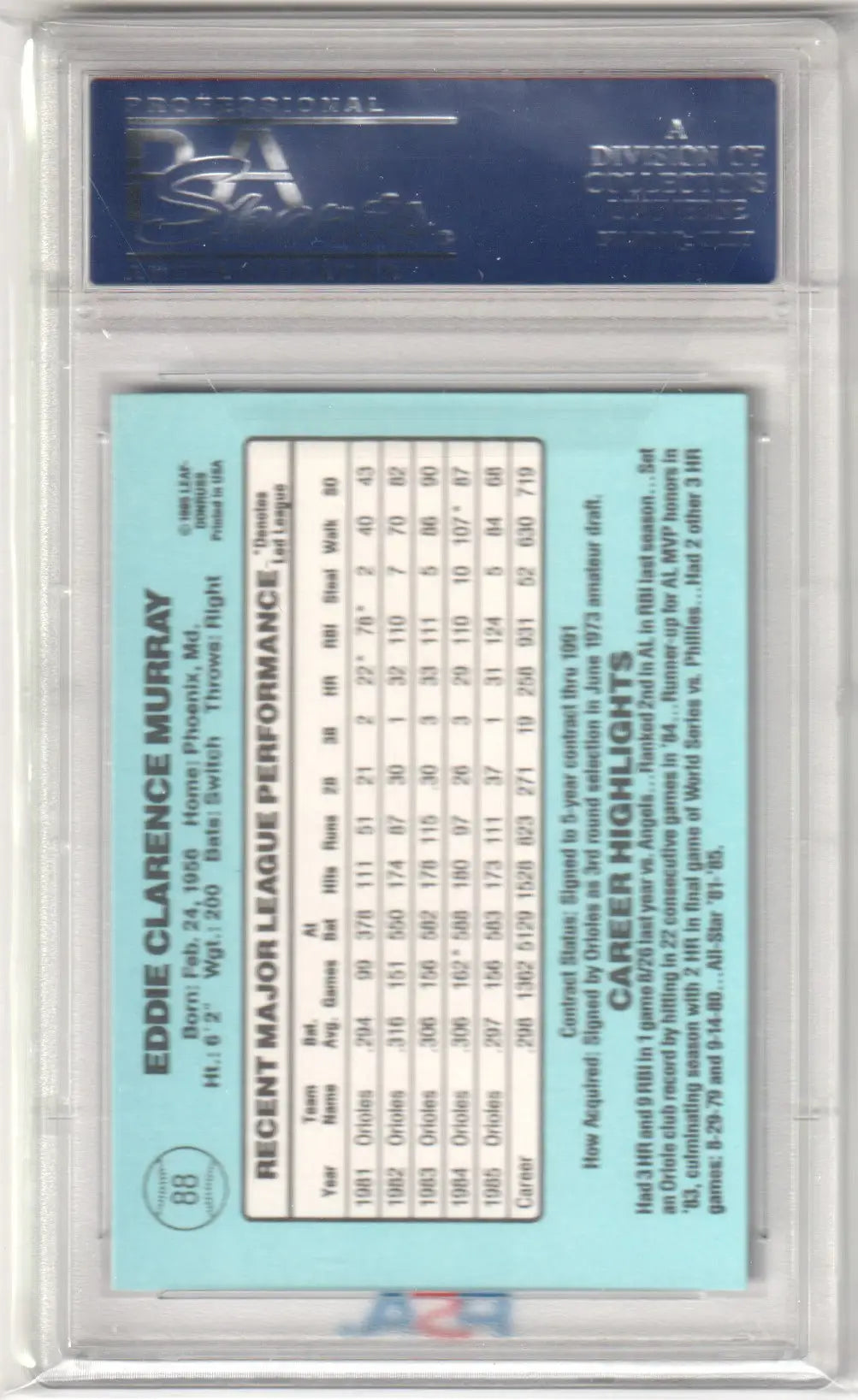 Graded Eddie Murray 1986 Donruss baseball card PSA 10 GEM MINT from Columbia Hobby