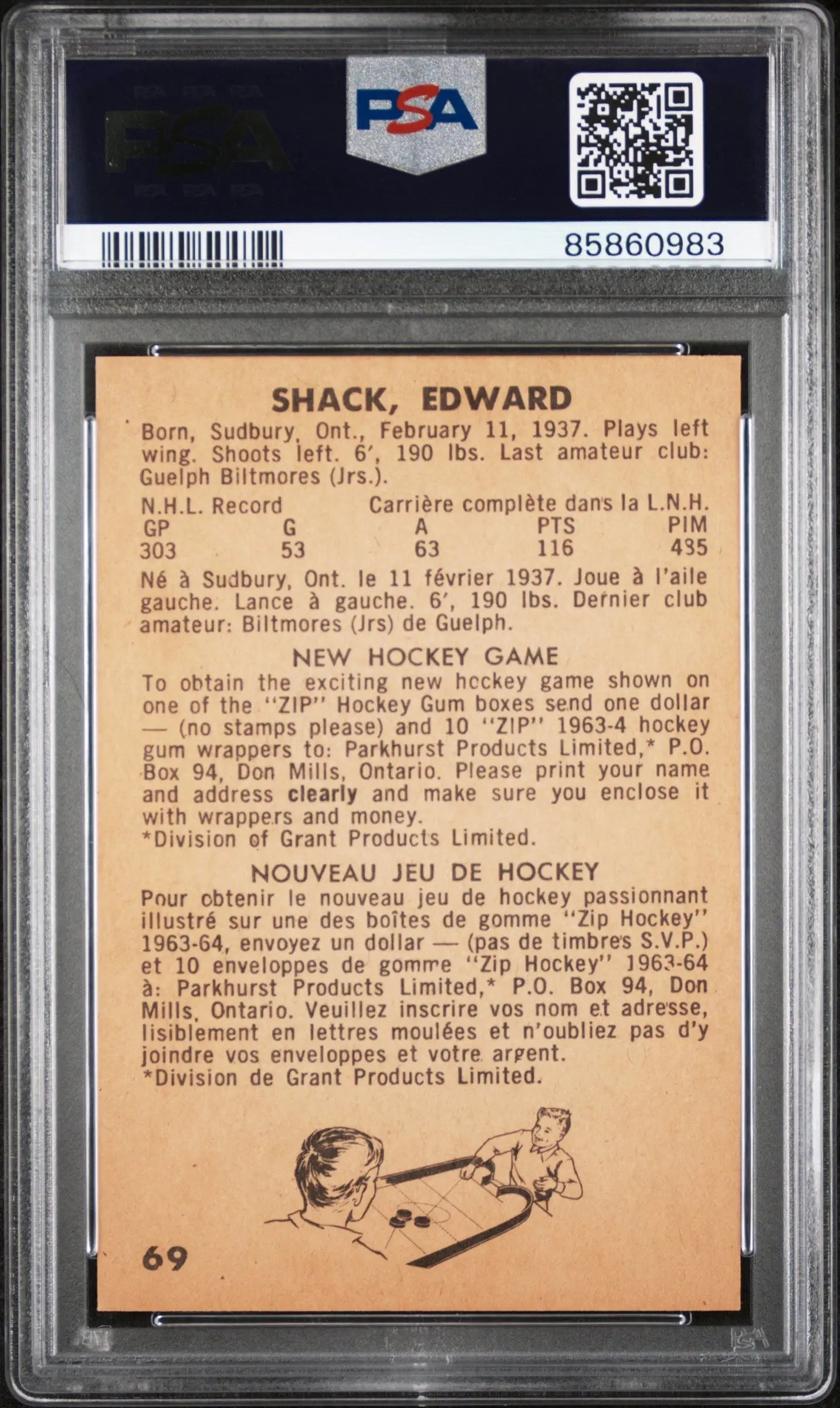 Eddie Shack 1963 Parkhurst #69 PSA 8 Nm-Mint 8 - Singles