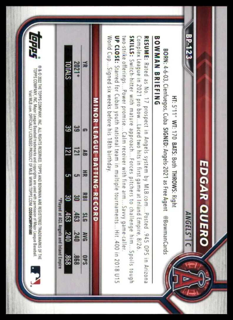 Edgar Quero baseball card from 2022 Bowman Prospects Los Angeles Angels item