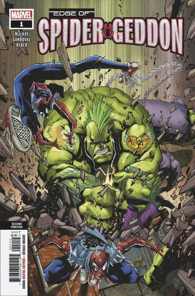 Comic book cover of Edge Of Spider-Geddon #1 with Spider-Man vs Punk Hulk in destruction