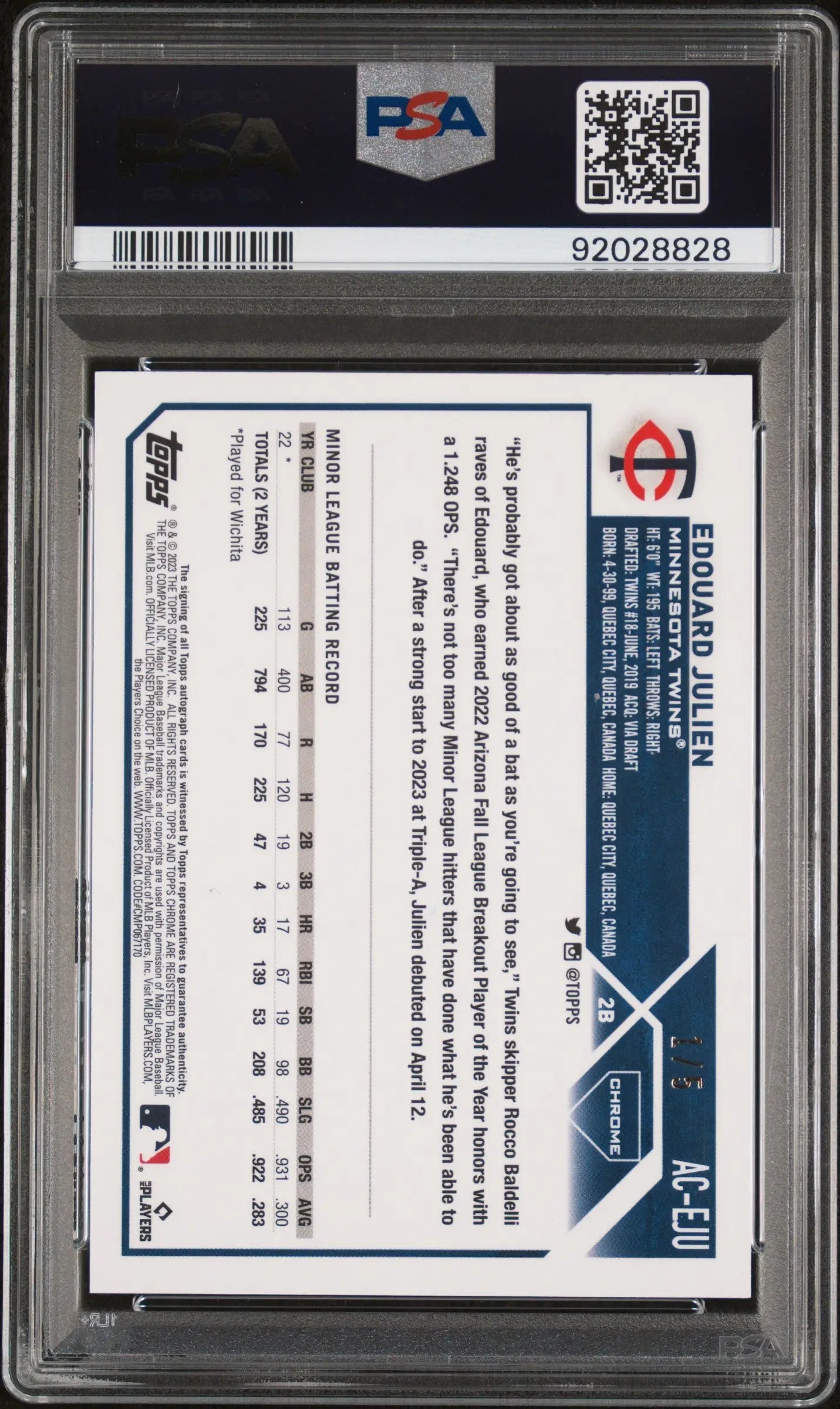 Edouard Julien 2023 Topps Chrome Red Wave Auto trading card in PSA slab