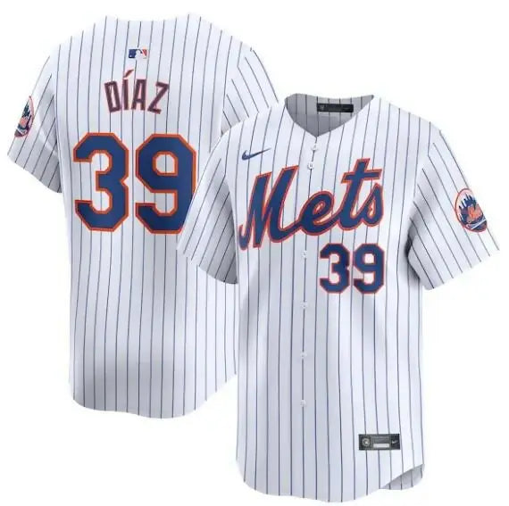 White pinstripe baseball jersey from Edwin Diaz New York Mets Nike Home Limited Player Jersey