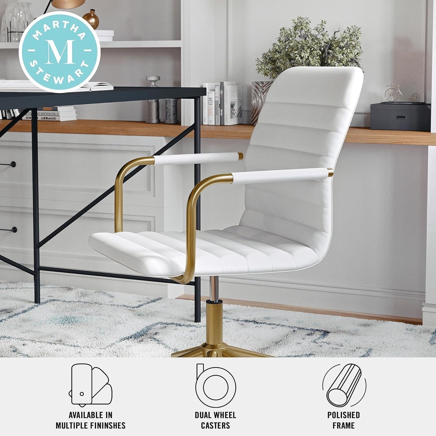 Taytum Swivel Task Chair with Armrests for Home Office in White Faux Leather with Polished Brass Frame-4
