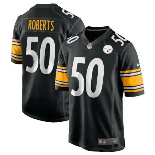 Black American football jersey with yellow and white accents for Elandon Roberts Steelers game
