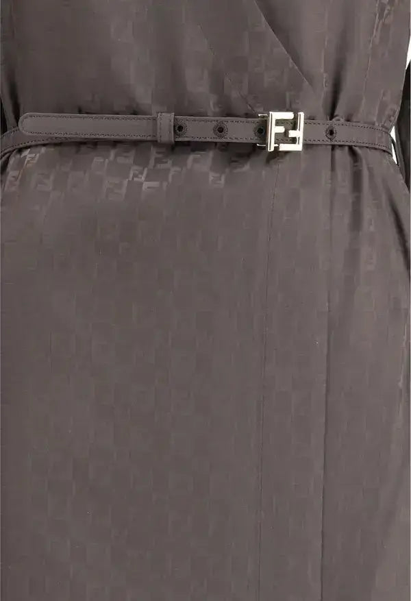 Elegant FENDI FF silk jacquard dress with monogram pattern and silver buckle belt