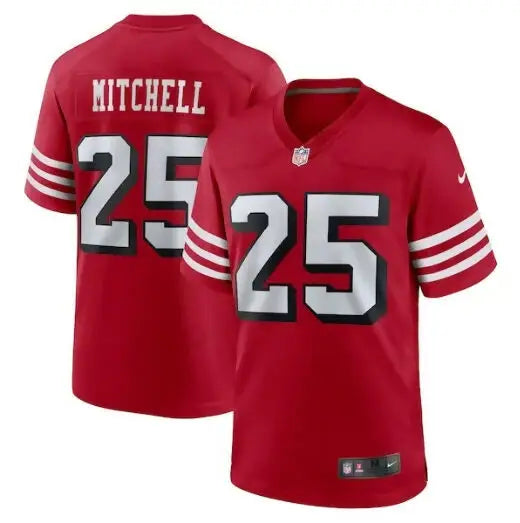 Red number 25 Elijah Mitchell NFL jersey displayed in San Francisco 49ers Nike Alternate Game Jersey