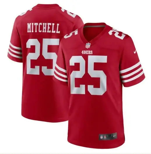 Red San Francisco 49ers Elijah Mitchell football jersey with number 25 and MITCHELL on back