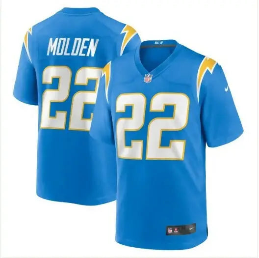 Blue Los Angeles Chargers Elijah Molden football jersey with number 22 and MOLDEN on back