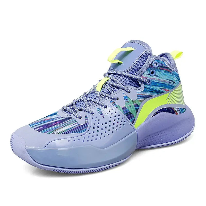 Elite women’s weightlifting and basketball sneakers with abstract purple blue pattern and lime green accents