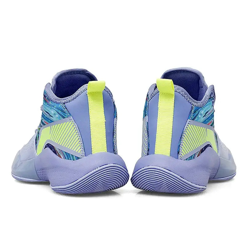 Elite women’s weightlifting and basketball sneakers in purple, blue, and neon yellow