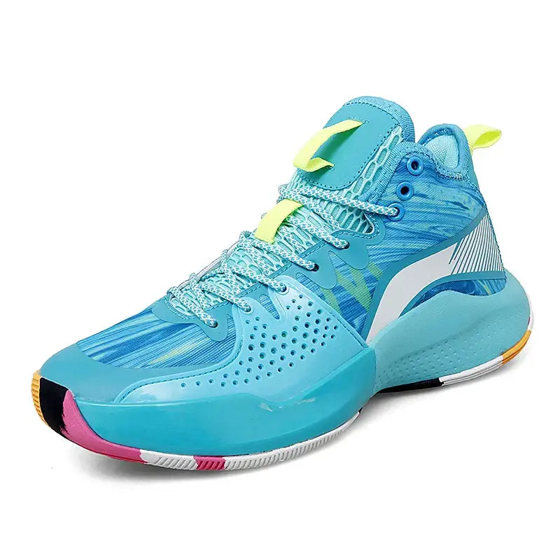 Vibrant blue turquoise basketball sneakers with neon yellow accents for elite women’s weightlifting