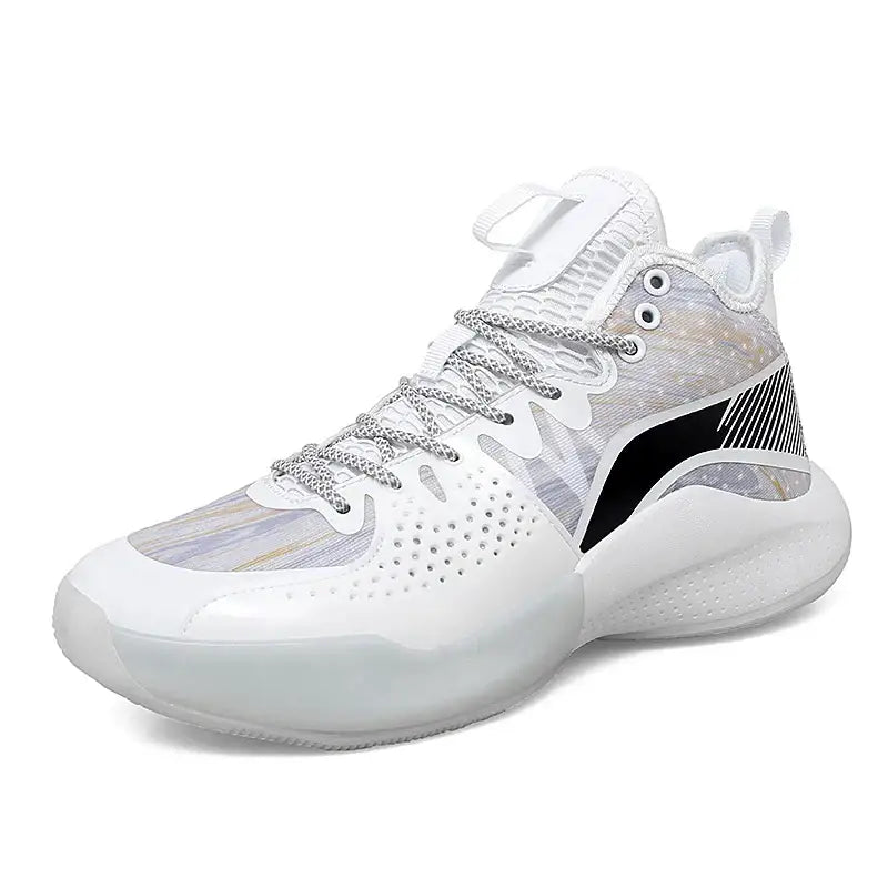 White and gray high-top basketball sneakers with black accents for elite women’s weightlifting
