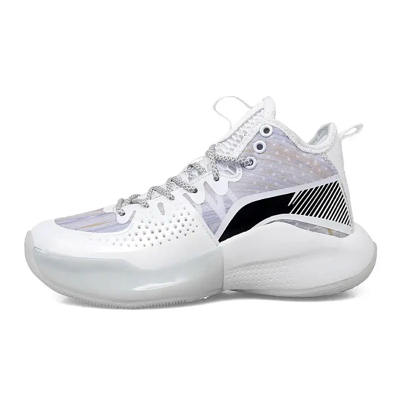White and grey high-top basketball sneakers with thick sole and black striped details