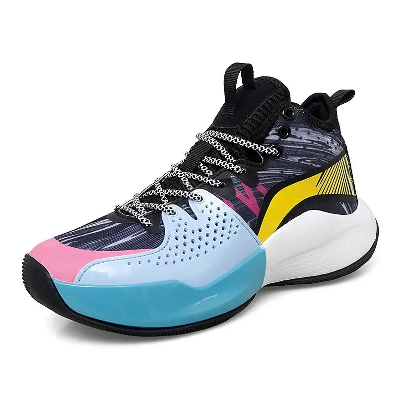 Multi-colored basketball sneakers with patterned upper, black laces, and white blue sole