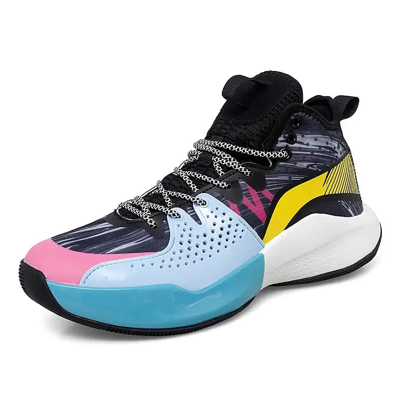 Elite women’s weightlifting and basketball sneakers with colorful abstract pattern and perforated toe